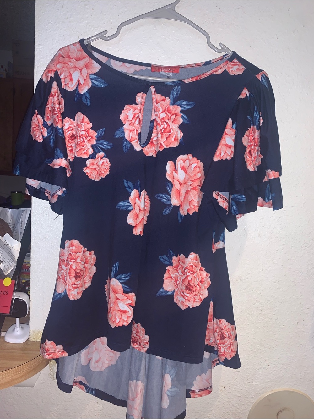 Rainbow Navy Blouse with Coral Floral Print